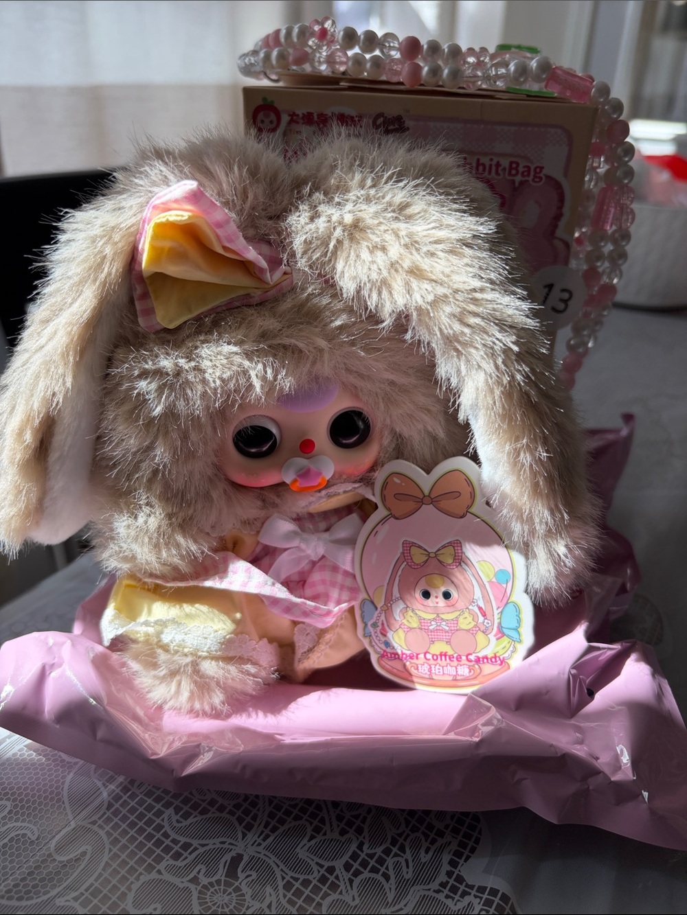 13, Baby Three Macchiato Mini Rabbit Bag Doll with Pacifier-and Bag Chain